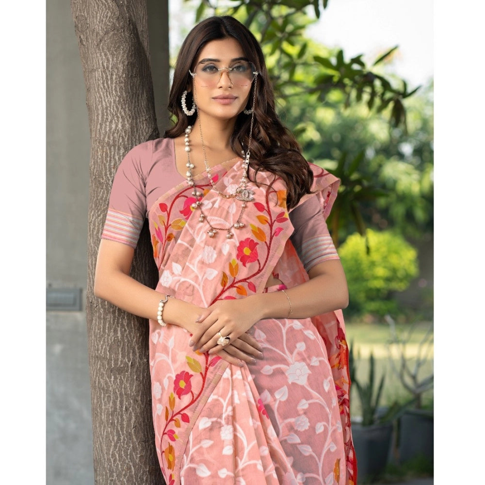 Generic Women's Cotton Printed Saree With Unstitched Blouse (Peach, 5-6 Mtrs) - Noble Nook