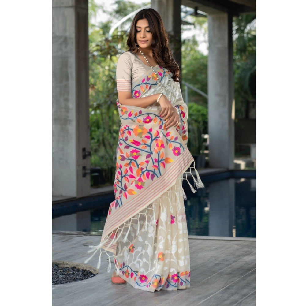 Generic Women's Cotton Printed Saree With Unstitched Blouse (Off-White, 5-6 Mtrs) - Noble Nook