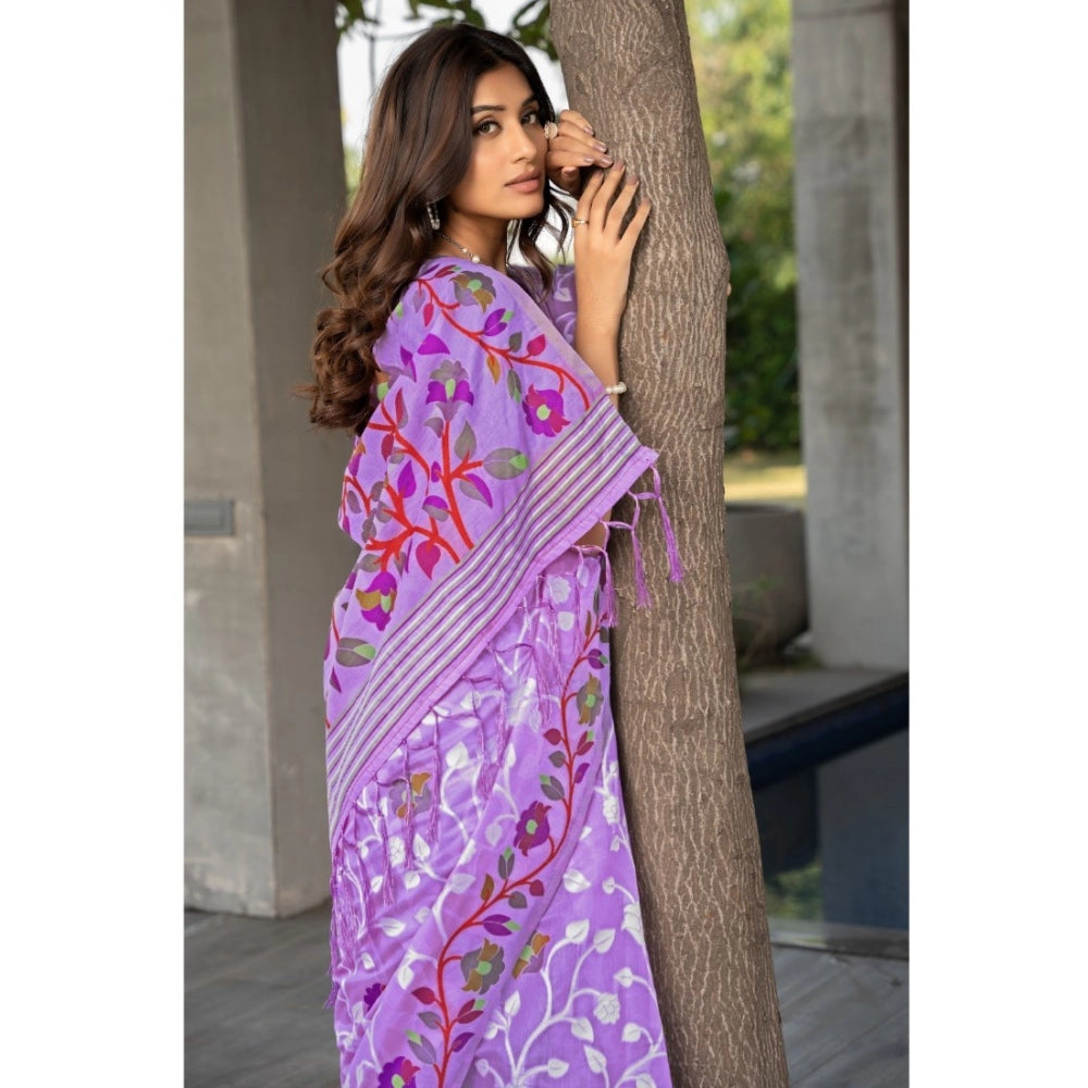 Generic Women's Cotton Printed Saree With Unstitched Blouse (Lavender, 5-6 Mtrs) - Noble Nook