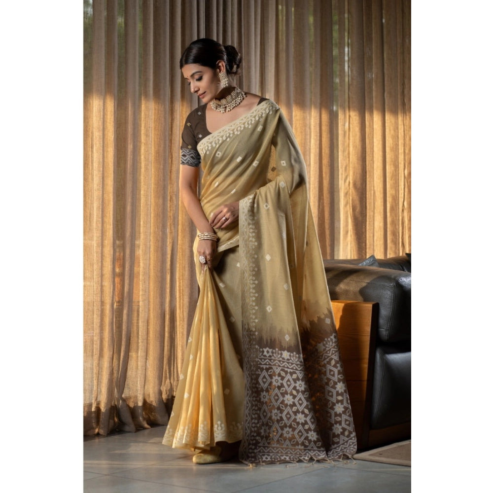 Generic Women's Mulmul Cotton Printed Saree With Unstitched Blouse (Beige, 5-6 Mtrs) - Noble Nook