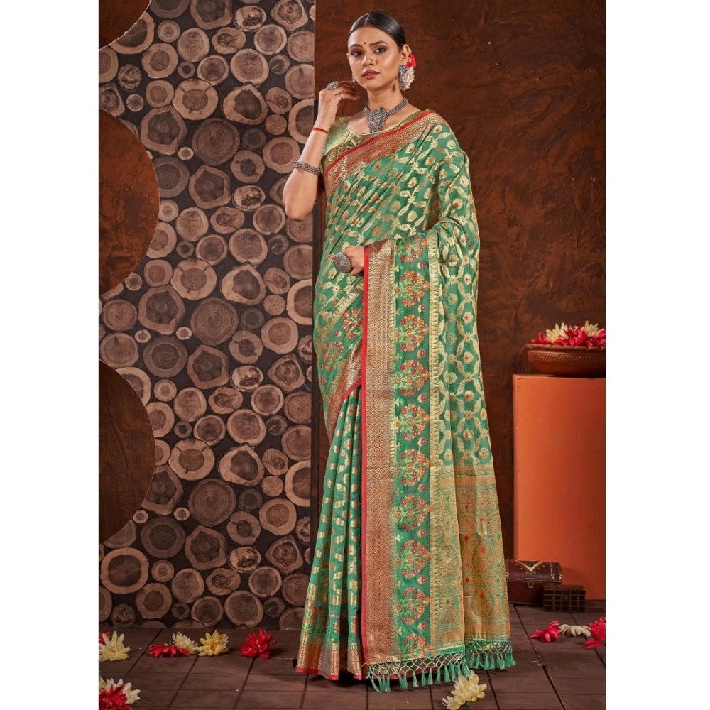 Generic Women's Organza Printed Saree With Unstitched Blouse (Sea Green, 5-6 Mtrs) - Noble Nook