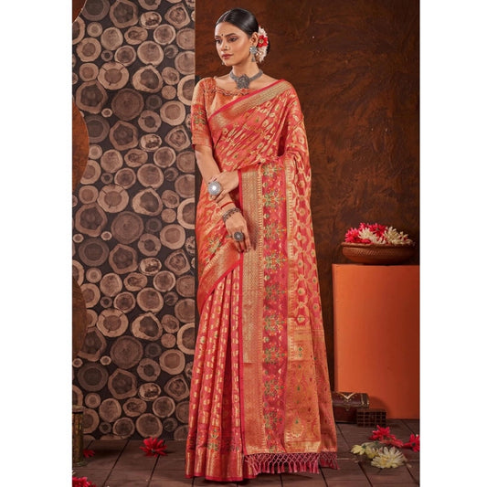 Generic Women's Organza Printed Saree With Unstitched Blouse (Red, 5-6 Mtrs) - Noble Nook