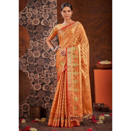 Generic Women's Organza Printed Saree With Unstitched Blouse (Orange, 5-6 Mtrs) - Noble Nook