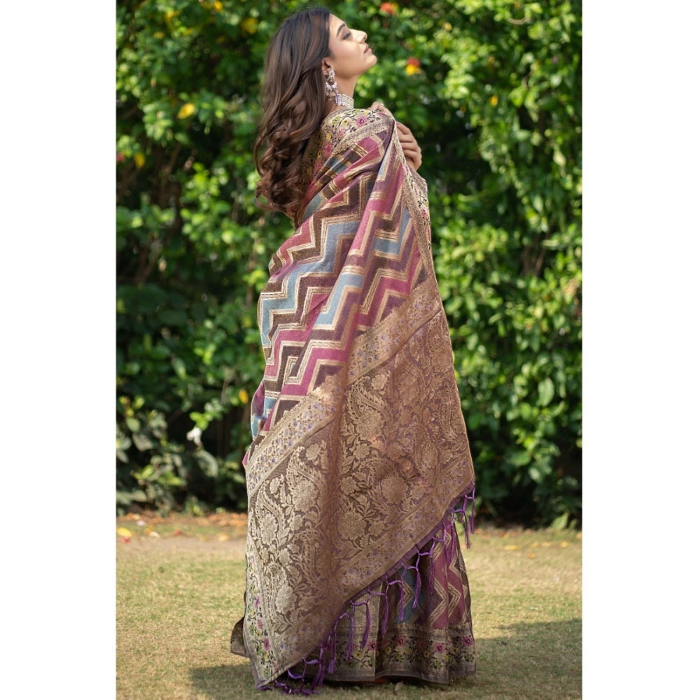 Generic Women's Organza Printed Saree With Unstitched Blouse (Wine, 5-6 Mtrs) - Noble Nook