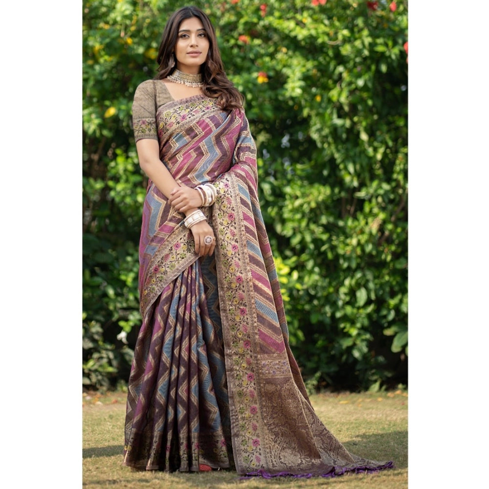 Generic Women's Organza Printed Saree With Unstitched Blouse (Wine, 5-6 Mtrs) - Noble Nook