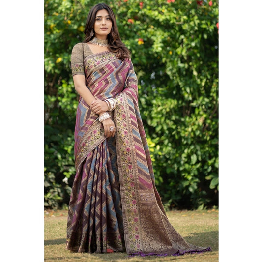 Generic Women's Organza Printed Saree With Unstitched Blouse (Wine, 5-6 Mtrs) - Noble Nook