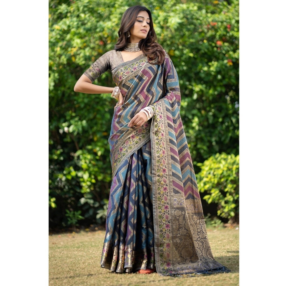 Generic Women's Organza Printed Saree With Unstitched Blouse (Teal, 5-6 Mtrs) - Noble Nook