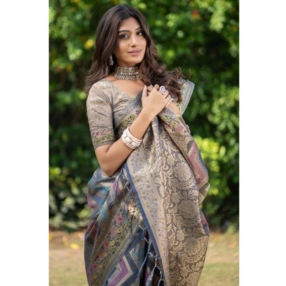 Generic Women's Organza Printed Saree With Unstitched Blouse (Teal, 5-6 Mtrs) - Noble Nook