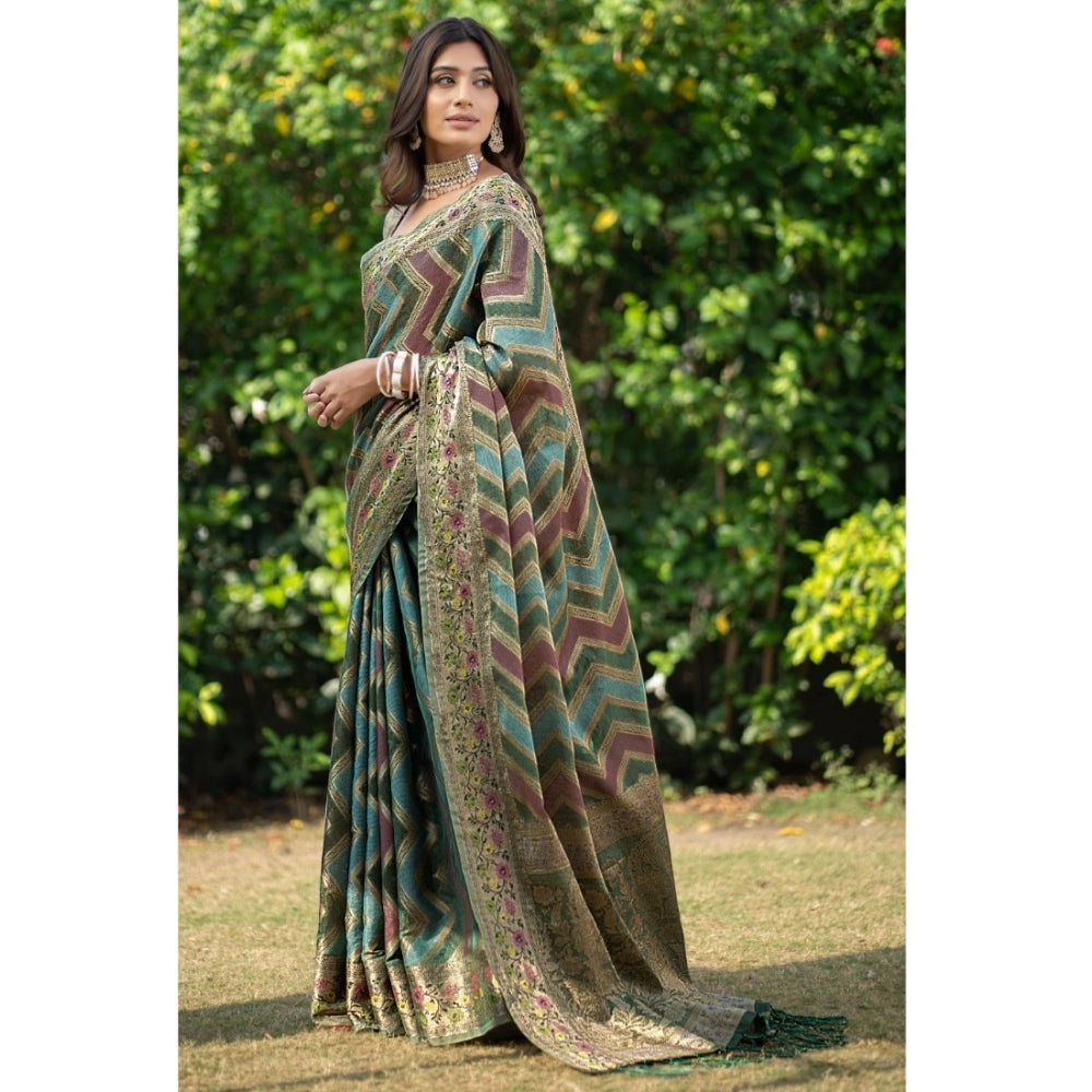 Generic Women's Organza Printed Saree With Unstitched Blouse (Green, 5-6 Mtrs) - Noble Nook