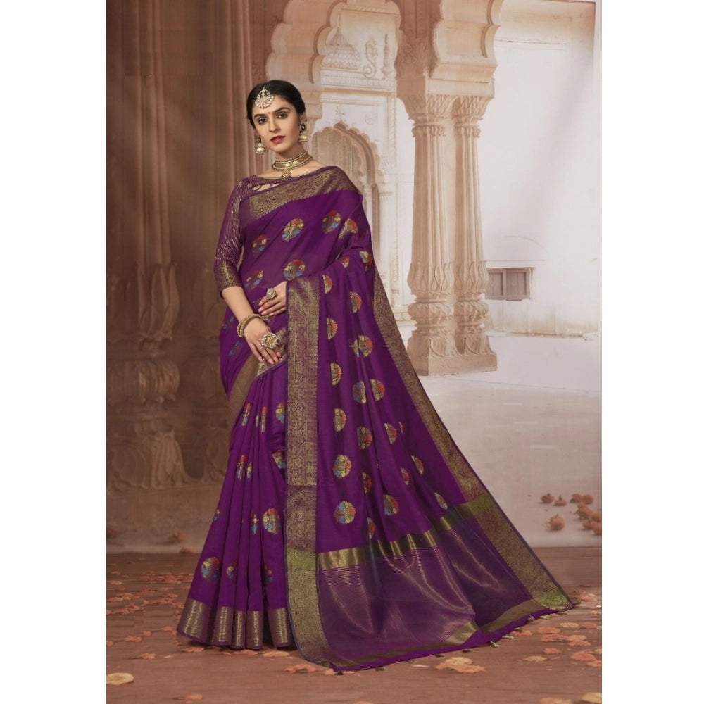 Generic Women's Chanderi Cotton Printed Saree With Unstitched Blouse (Purple, 5-6 Mtrs) - Noble Nook