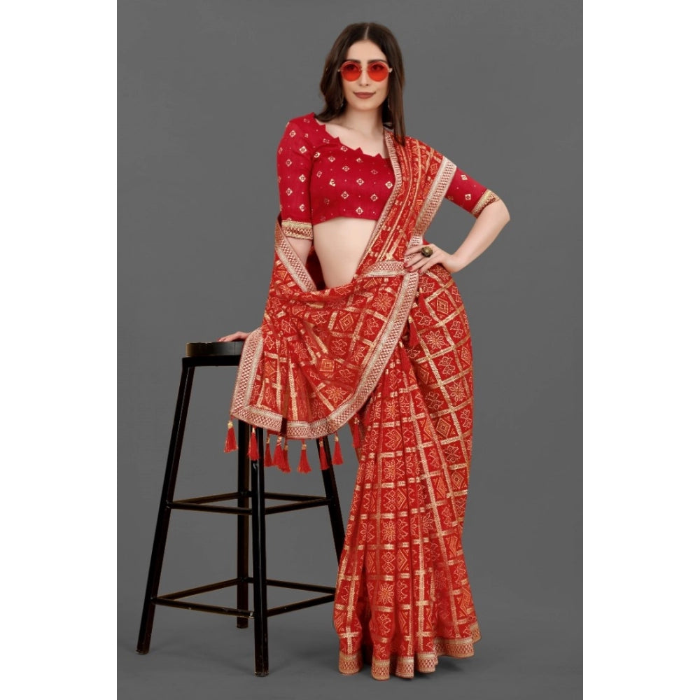 Generic Women's Soft Silk Printed Saree With Unstitched Blouse (Red, 5-6 Mtrs) - Noble Nook