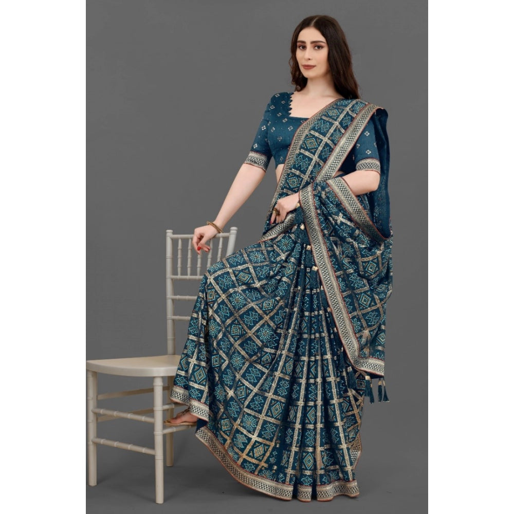 Generic Women's Soft Silk Printed Saree With Unstitched Blouse (Teal, 5-6 Mtrs) - Noble Nook