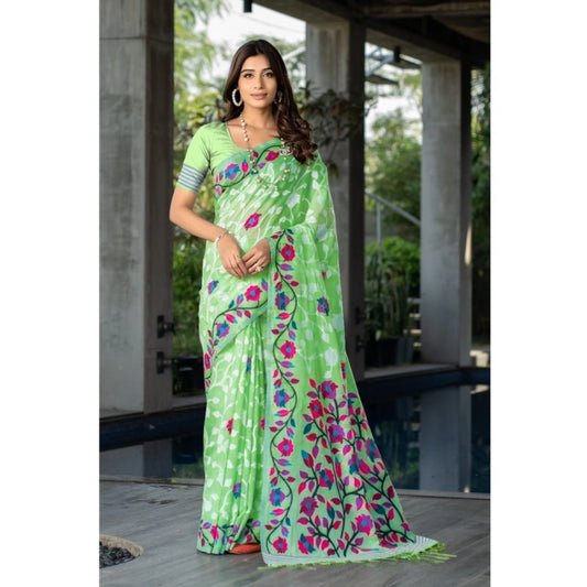 Generic Women's Cotton Printed Saree With Unstitched Blouse (Green, 5-6 Mtrs) - Noble Nook