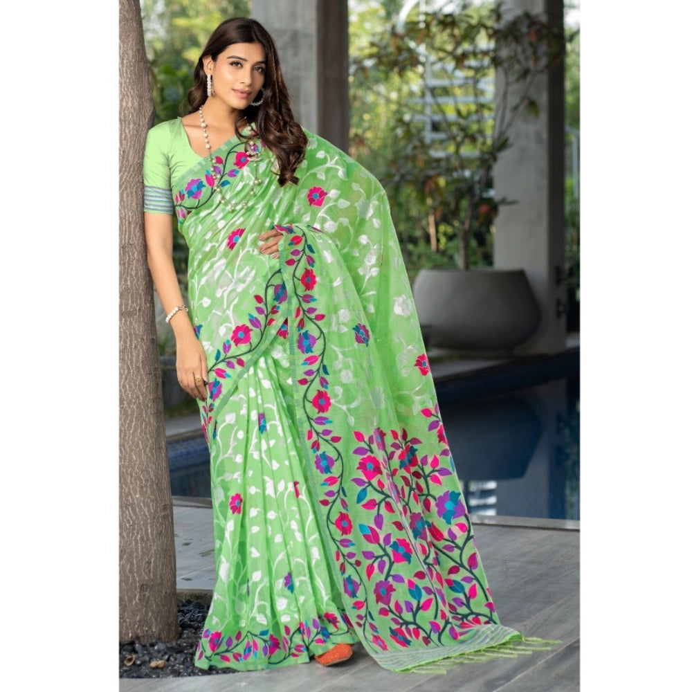 Generic Women's Cotton Printed Saree With Unstitched Blouse (Green, 5-6 Mtrs) - Noble Nook