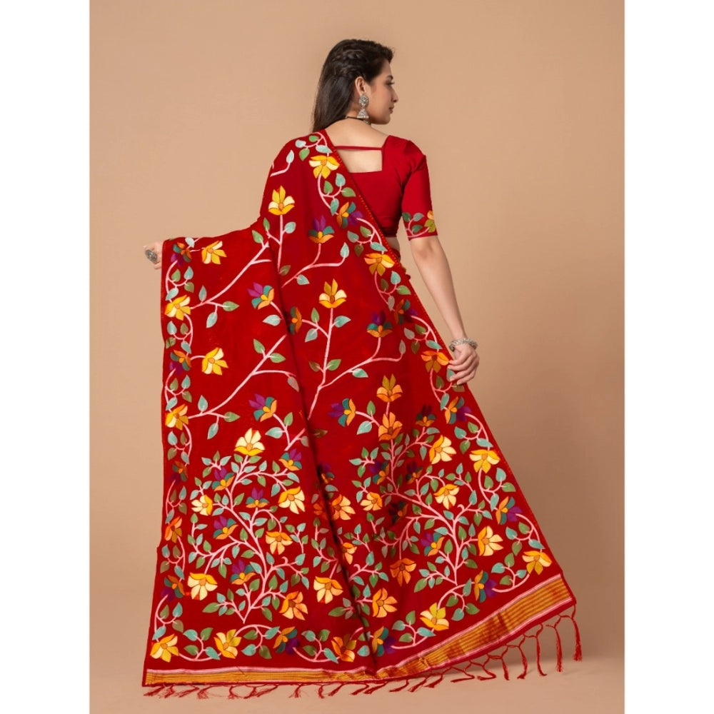 Generic Women's Cotton Printed Saree With Unstitched Blouse (Red, 5-6 Mtrs) - Noble Nook