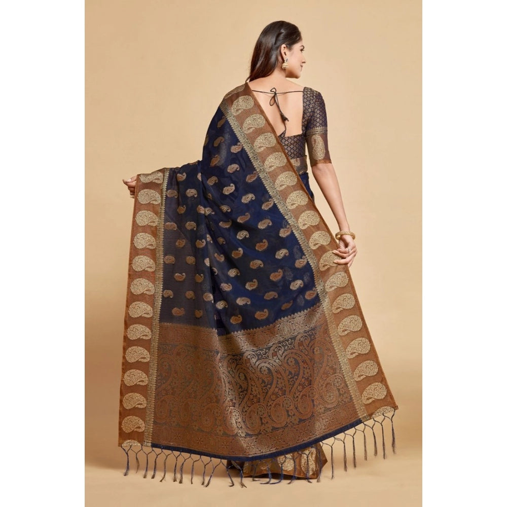 Generic Women's Chanderi Cotton Printed Saree With Unstitched Blouse (Navy Blue, 5-6 Mtrs) - Noble Nook