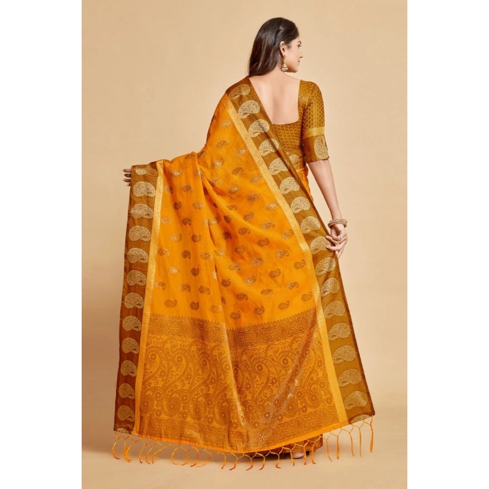 Generic Women's Chanderi Cotton Printed Saree With Unstitched Blouse (Mustard, 5-6 Mtrs) - Noble Nook