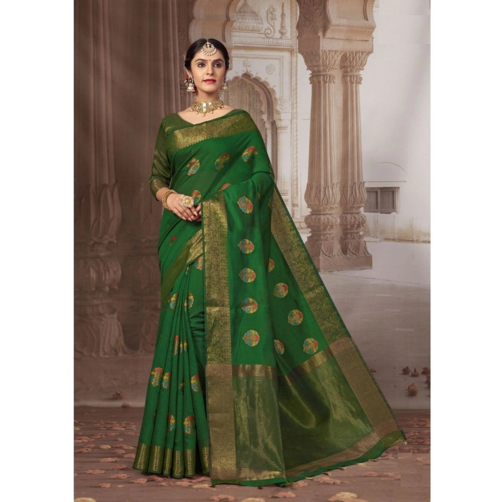 Generic Women's Linen Printed Saree With Unstitched Blouse (Dark Green, 5-6 Mtrs) - Noble Nook