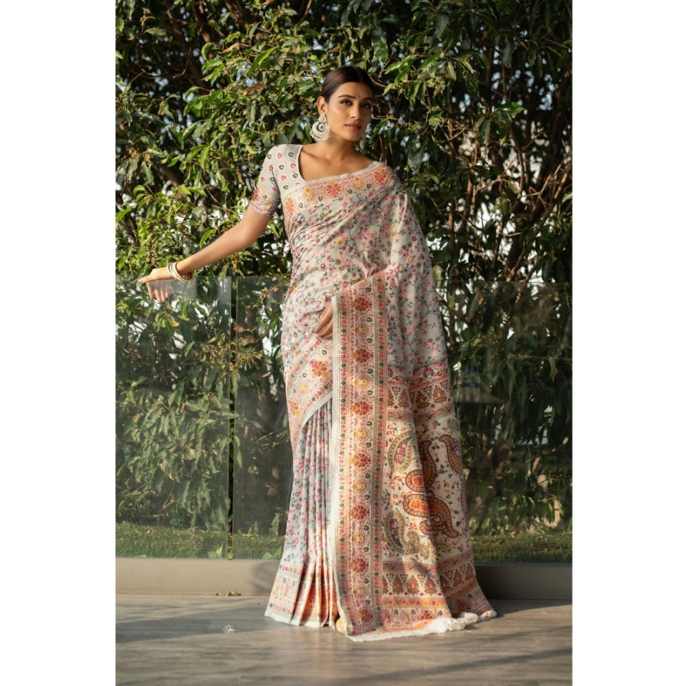 Generic Women's Linen Printed Saree With Unstitched Blouse (Off-White, 5-6 Mtrs) - Noble Nook