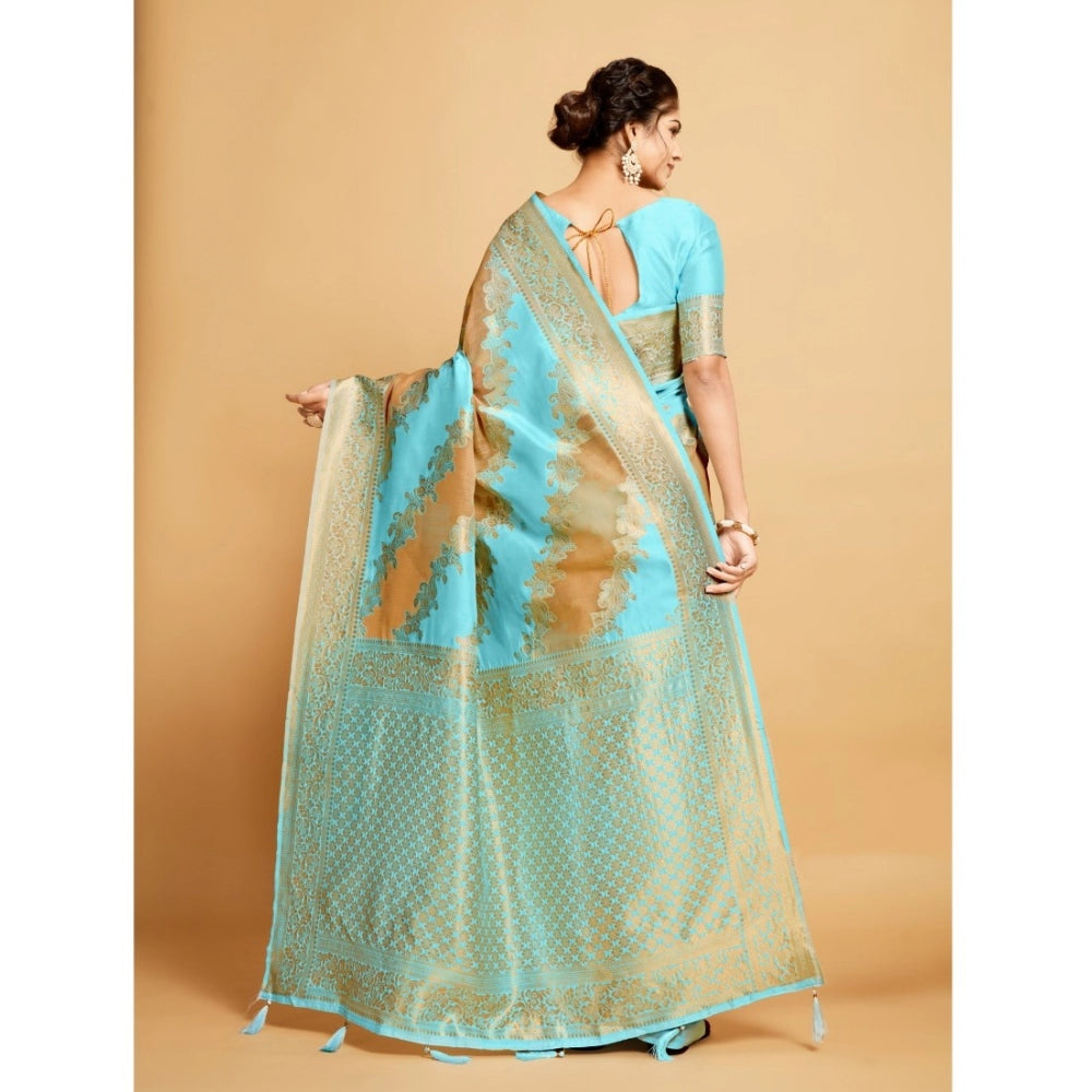 Generic Women's Linen Printed Saree With Unstitched Blouse (Sky Blue, 5-6 Mtrs) - Noble Nook