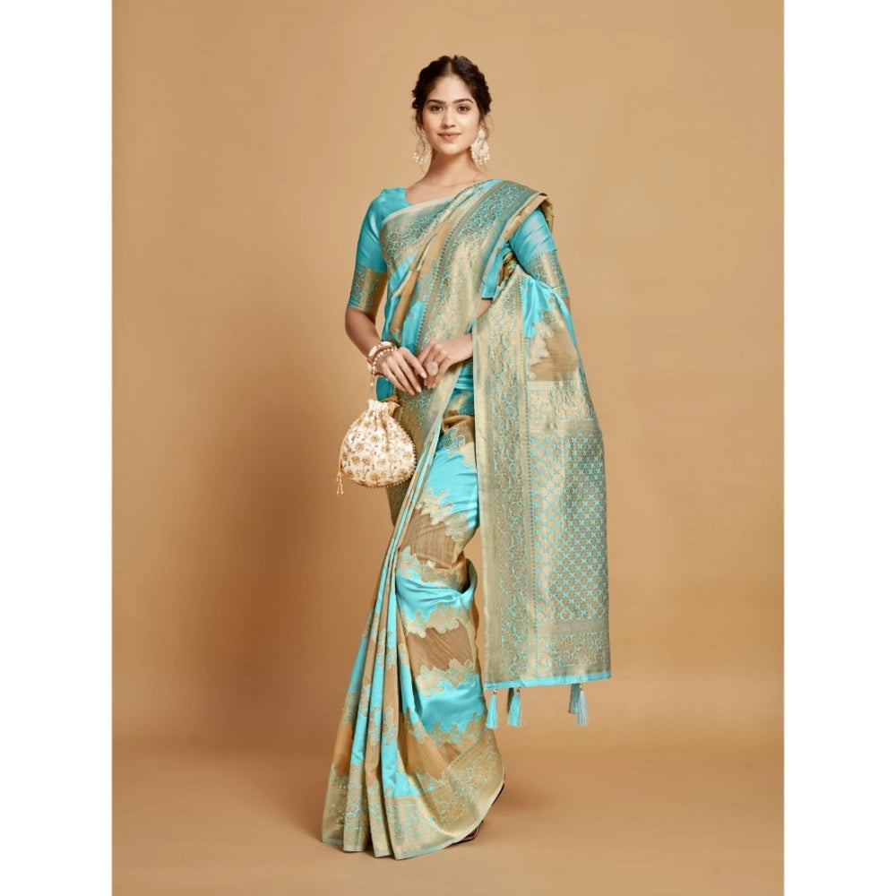 Generic Women's Linen Printed Saree With Unstitched Blouse (Sky Blue, 5-6 Mtrs) - Noble Nook