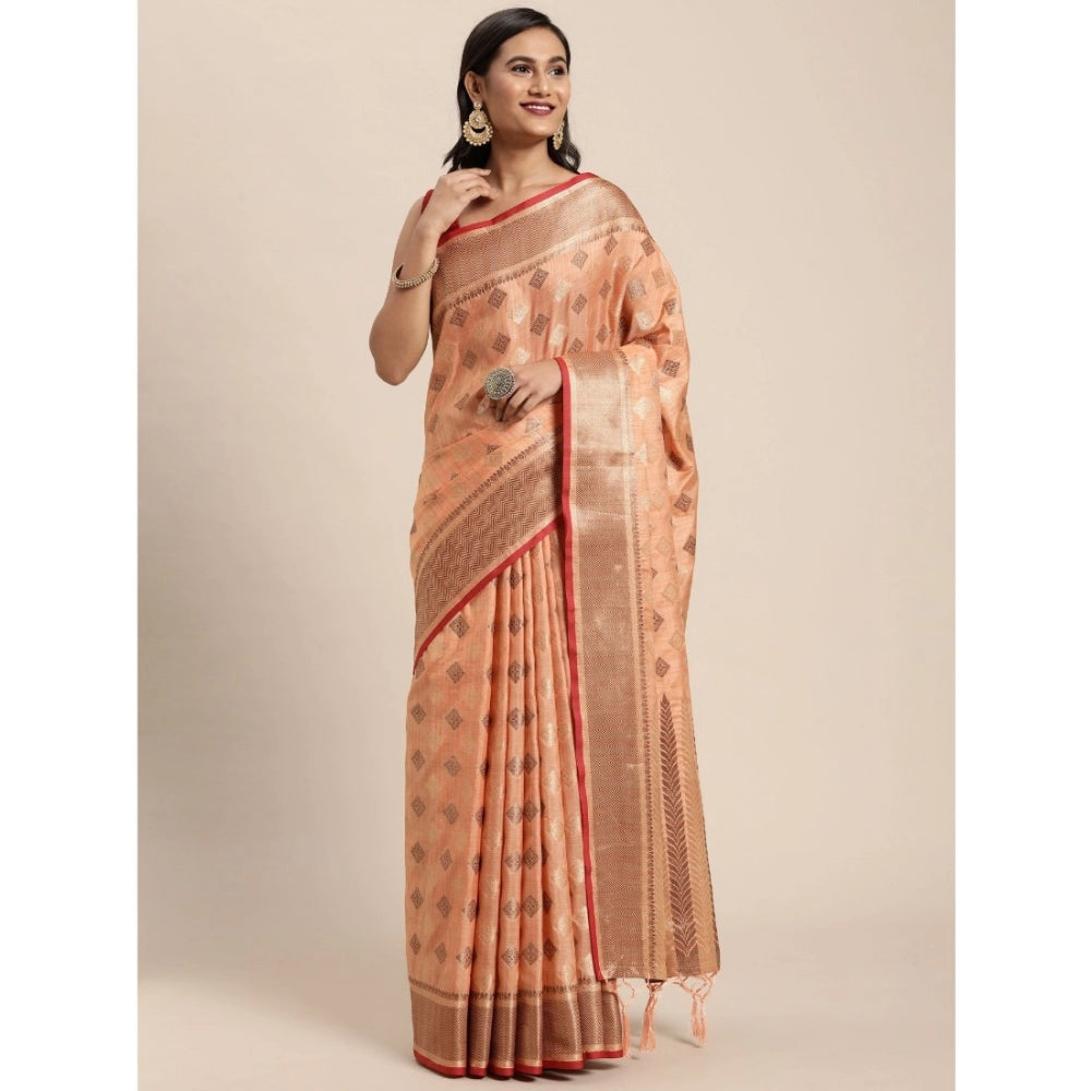 Generic Women's Chanderi Cotton Printed Saree With Unstitched Blouse (Orange, 5-6 Mtrs) - Noble Nook