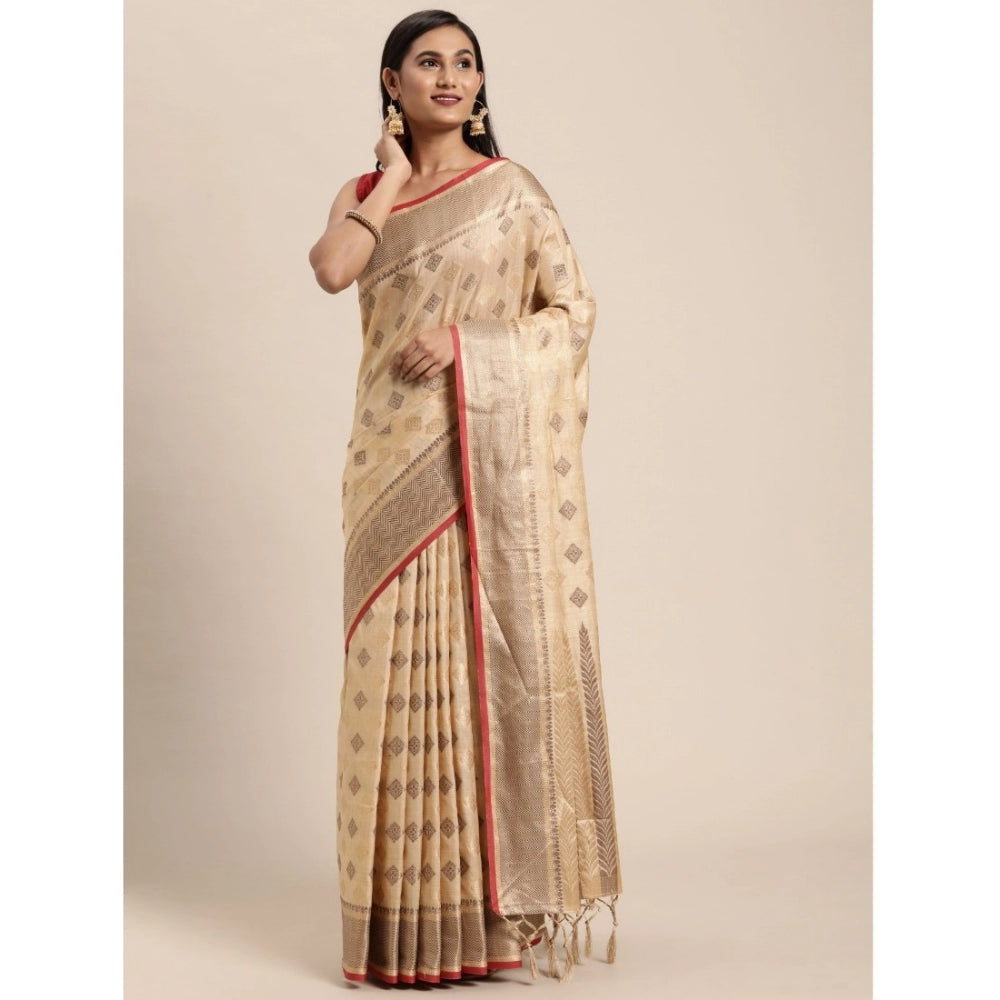 Generic Women's Chanderi Cotton Printed Saree With Unstitched Blouse (Beige, 5-6 Mtrs) - Noble Nook