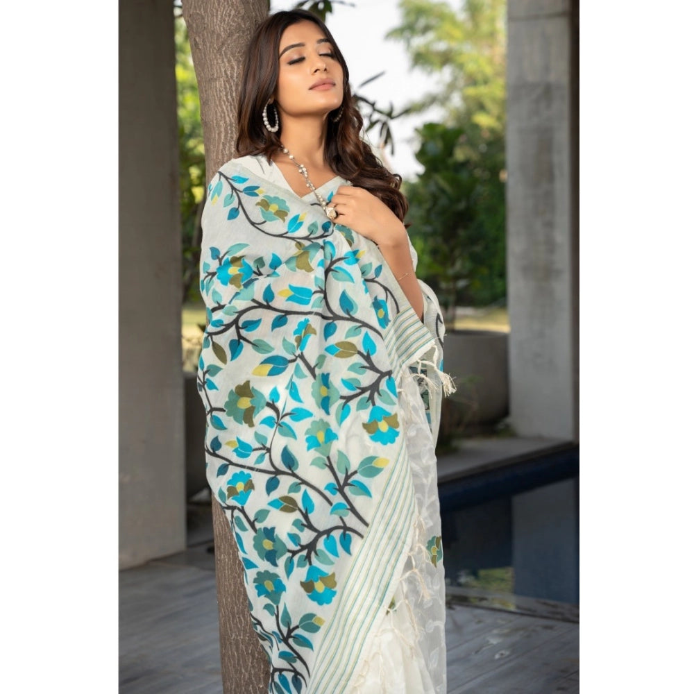 Generic Women's Cotton Printed Saree With Unstitched Blouse (White, 5-6 Mtrs) - Noble Nook