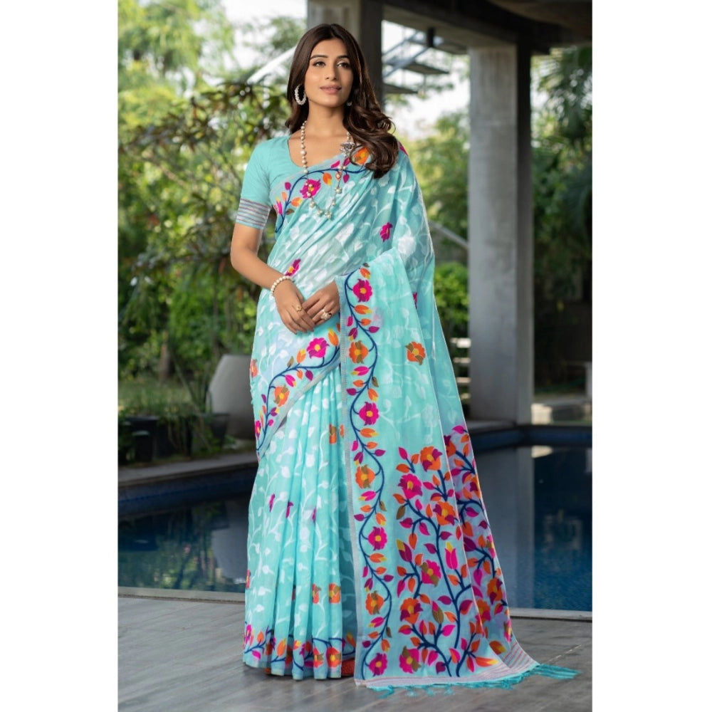 Generic Women's Cotton Printed Saree With Unstitched Blouse (Sky Blue, 5-6 Mtrs) - Noble Nook