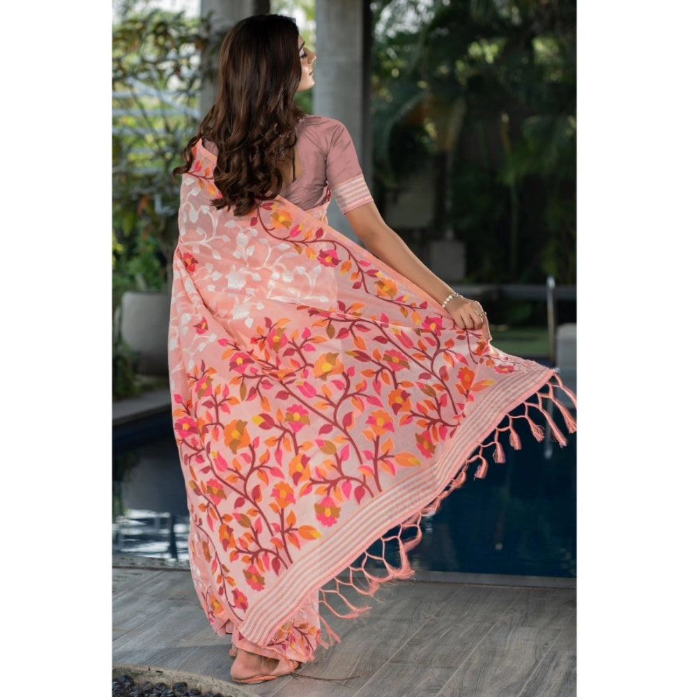 Generic Women's Cotton Printed Saree With Unstitched Blouse (Peach, 5-6 Mtrs) - Noble Nook