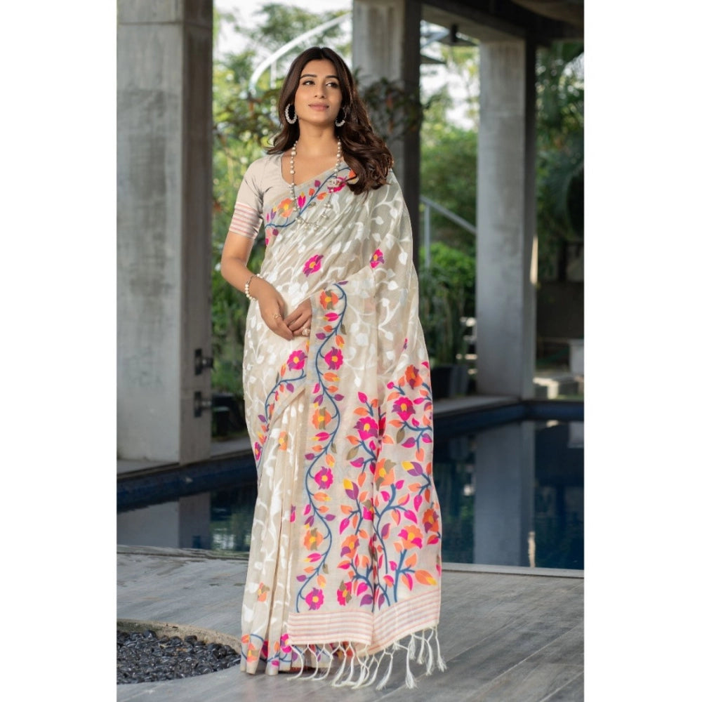 Generic Women's Cotton Printed Saree With Unstitched Blouse (Off-White, 5-6 Mtrs) - Noble Nook