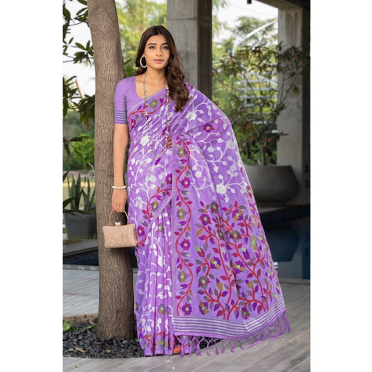 Generic Women's Cotton Printed Saree With Unstitched Blouse (Lavender, 5-6 Mtrs) - Noble Nook