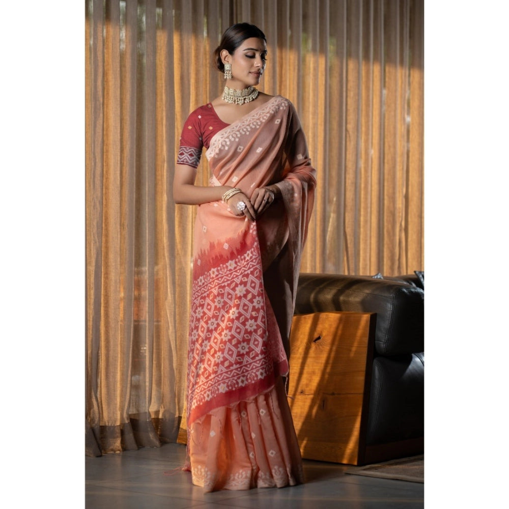 Generic Women's Mulmul Cotton Printed Saree With Unstitched Blouse (Peach, 5-6 Mtrs) - Noble Nook