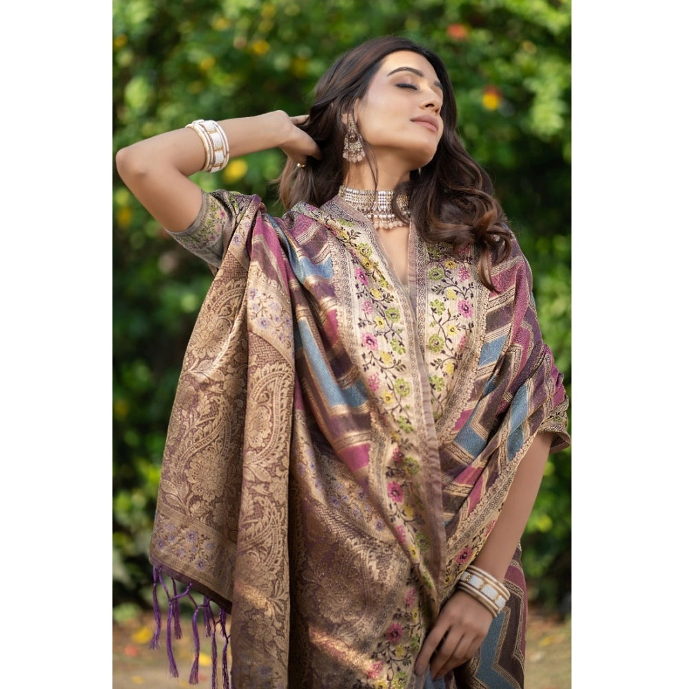 Generic Women's Organza Printed Saree With Unstitched Blouse (Wine, 5-6 Mtrs) - Noble Nook