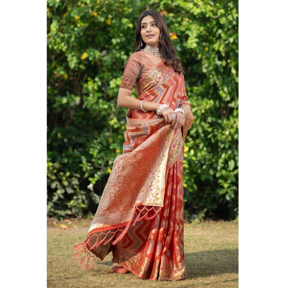 Generic Women's Organza Printed Saree With Unstitched Blouse (Orange, 5-6 Mtrs) - Noble Nook