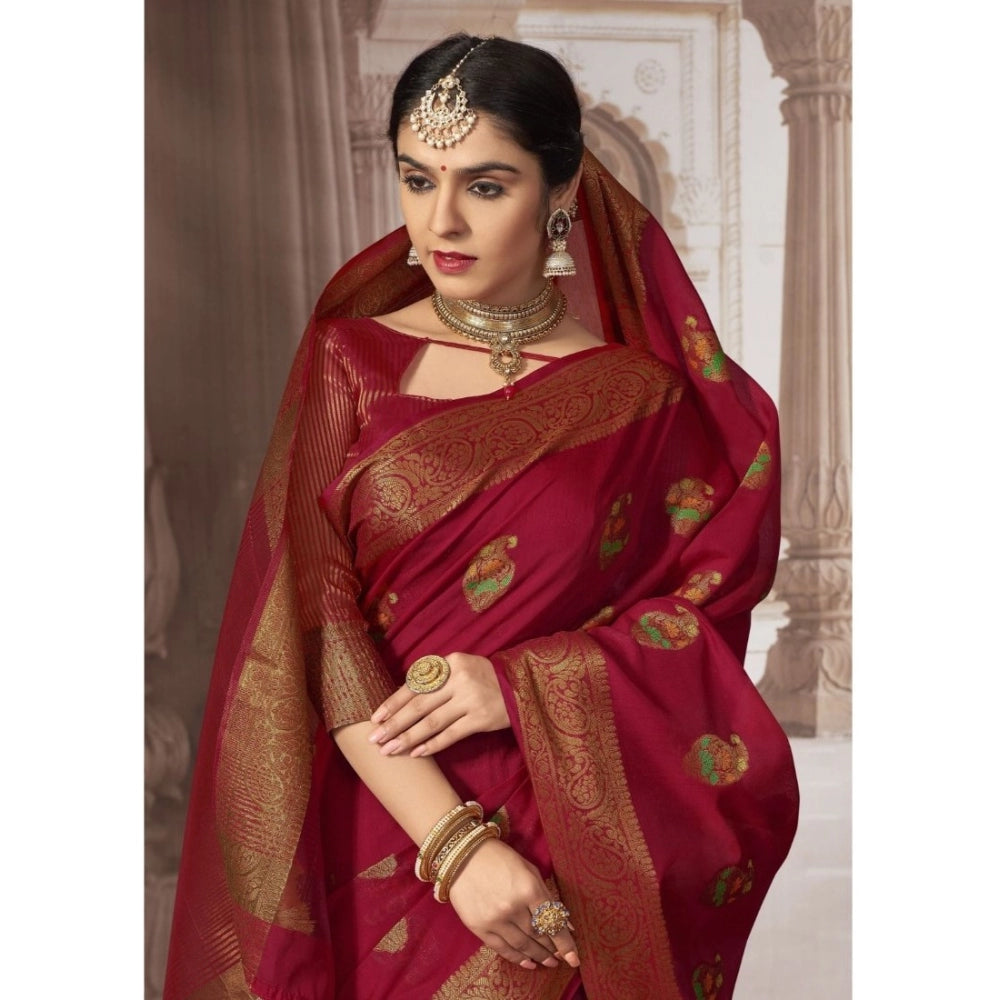 Generic Women's Chanderi Cotton Printed Saree With Unstitched Blouse (Red, 5-6 Mtrs) - Noble Nook