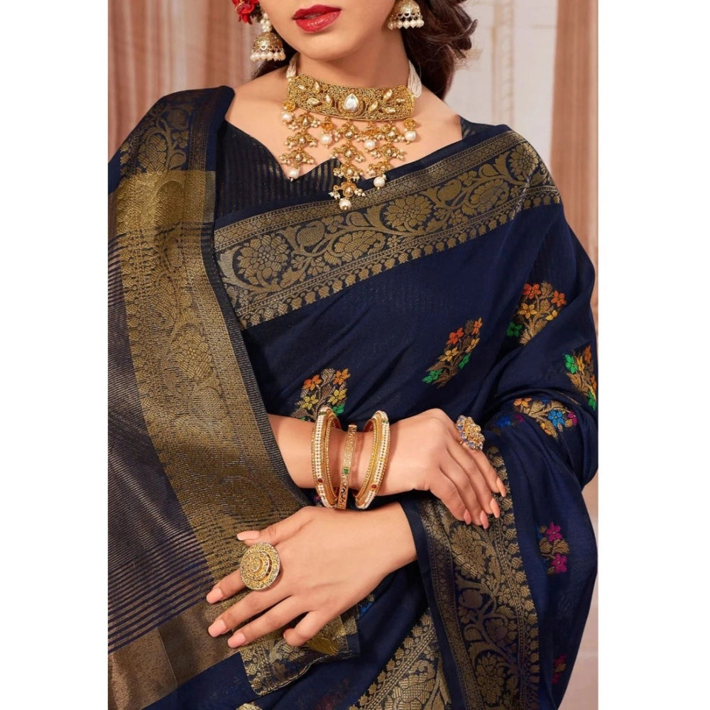 Generic Women's Chanderi Cotton Printed Saree With Unstitched Blouse (Navy Blue, 5-6 Mtrs) - Noble Nook