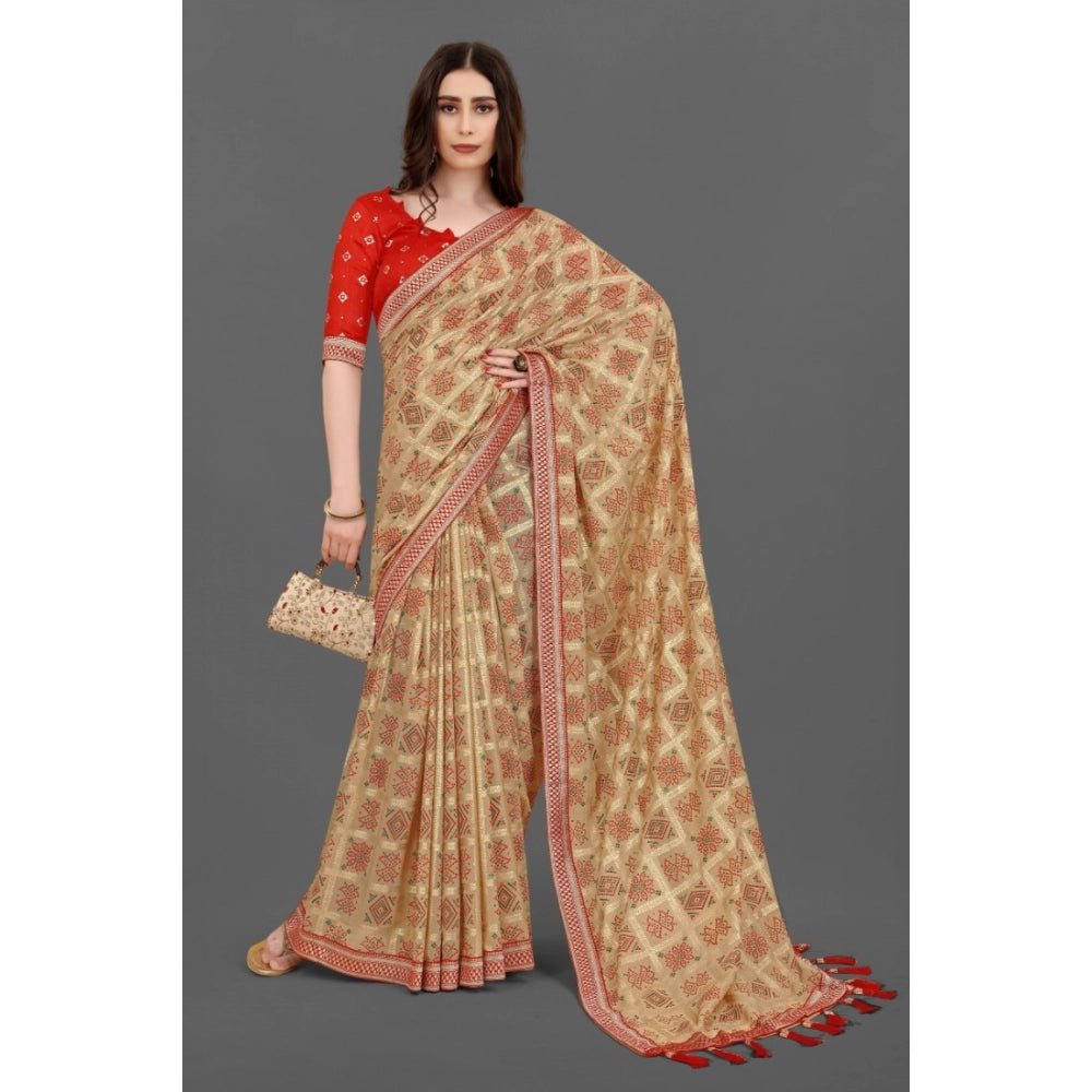 Generic Women's Soft Silk Printed Saree With Unstitched Blouse (Beige, 5-6 Mtrs) - Noble Nook