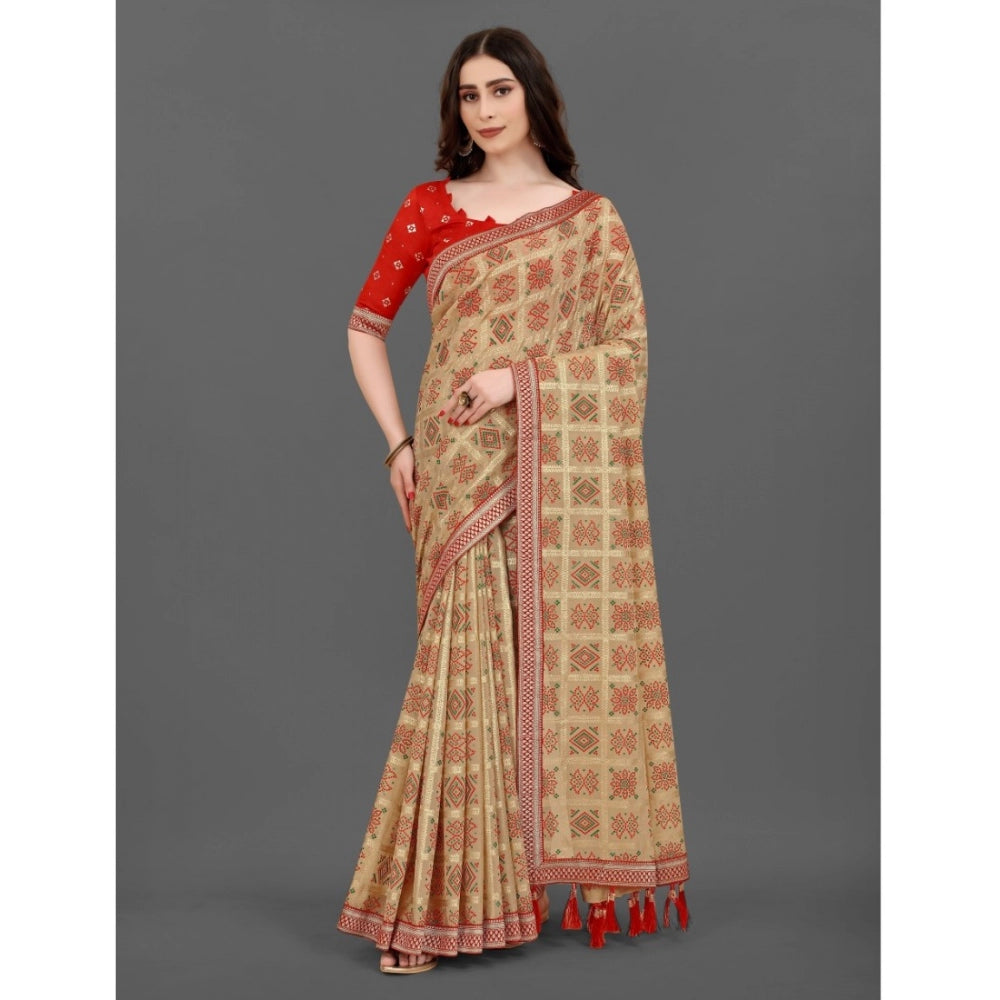 Generic Women's Soft Silk Printed Saree With Unstitched Blouse (Beige, 5-6 Mtrs) - Noble Nook