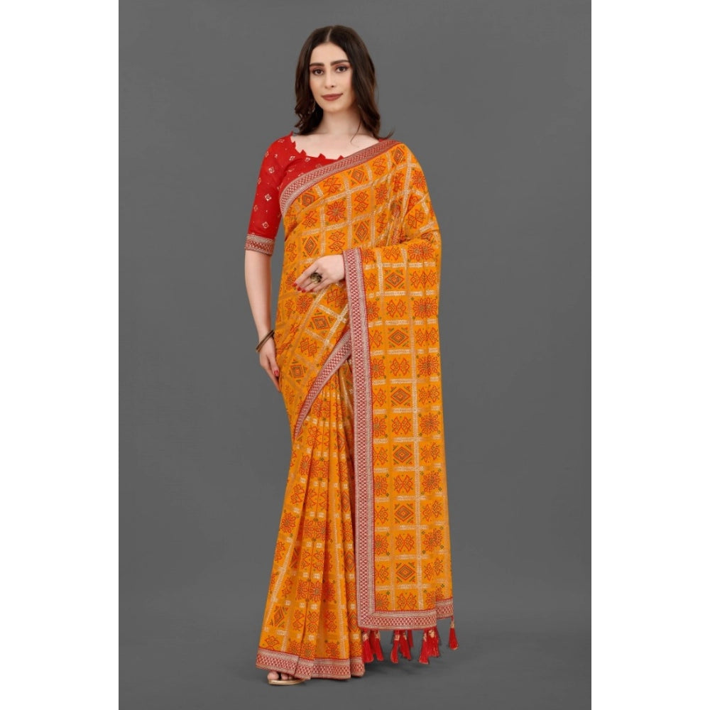 Generic Women's Soft Silk Printed Saree With Unstitched Blouse (Mustard, 5-6 Mtrs) - Noble Nook