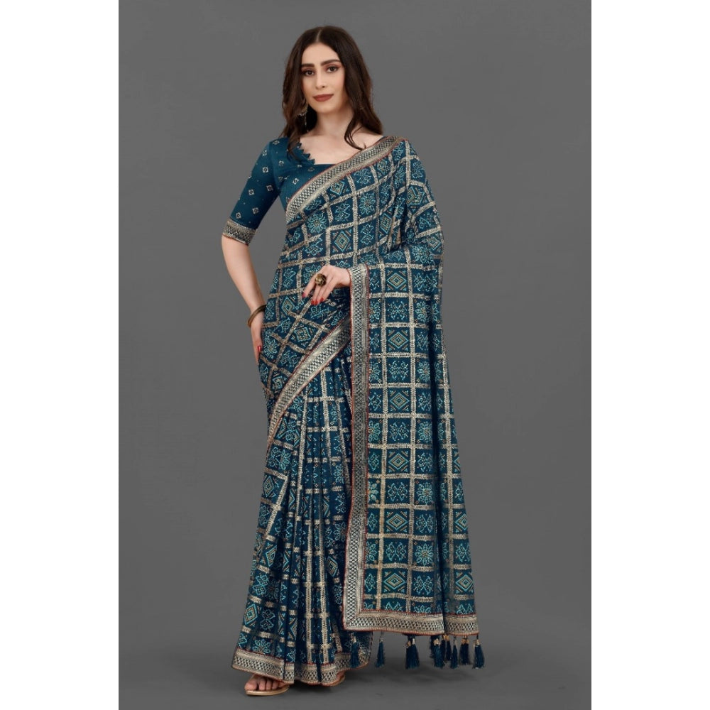 Generic Women's Soft Silk Printed Saree With Unstitched Blouse (Teal, 5-6 Mtrs) - Noble Nook