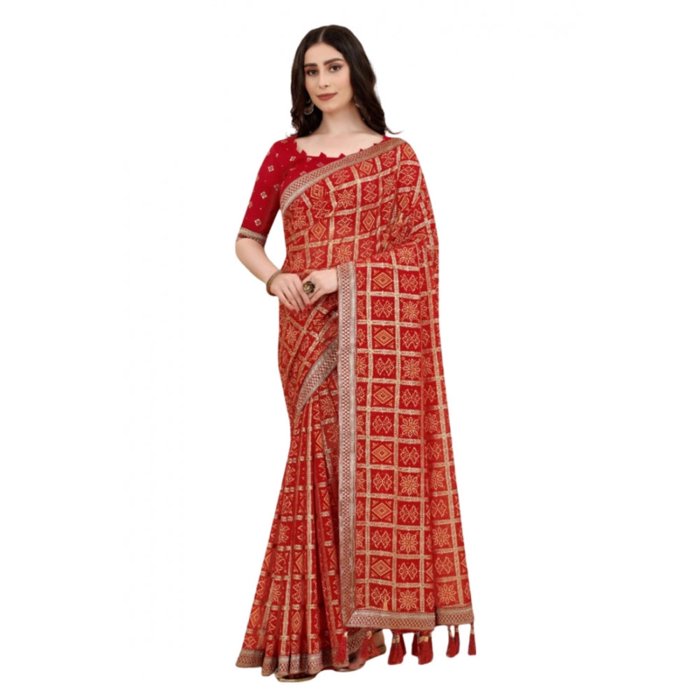 Generic Women's Soft Silk Printed Saree With Unstitched Blouse (Red, 5-6 Mtrs) - Noble Nook