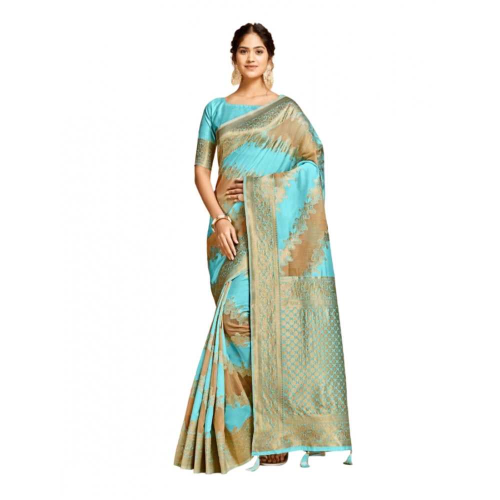 Generic Women's Linen Printed Saree With Unstitched Blouse (Sky Blue, 5-6 Mtrs) - Noble Nook