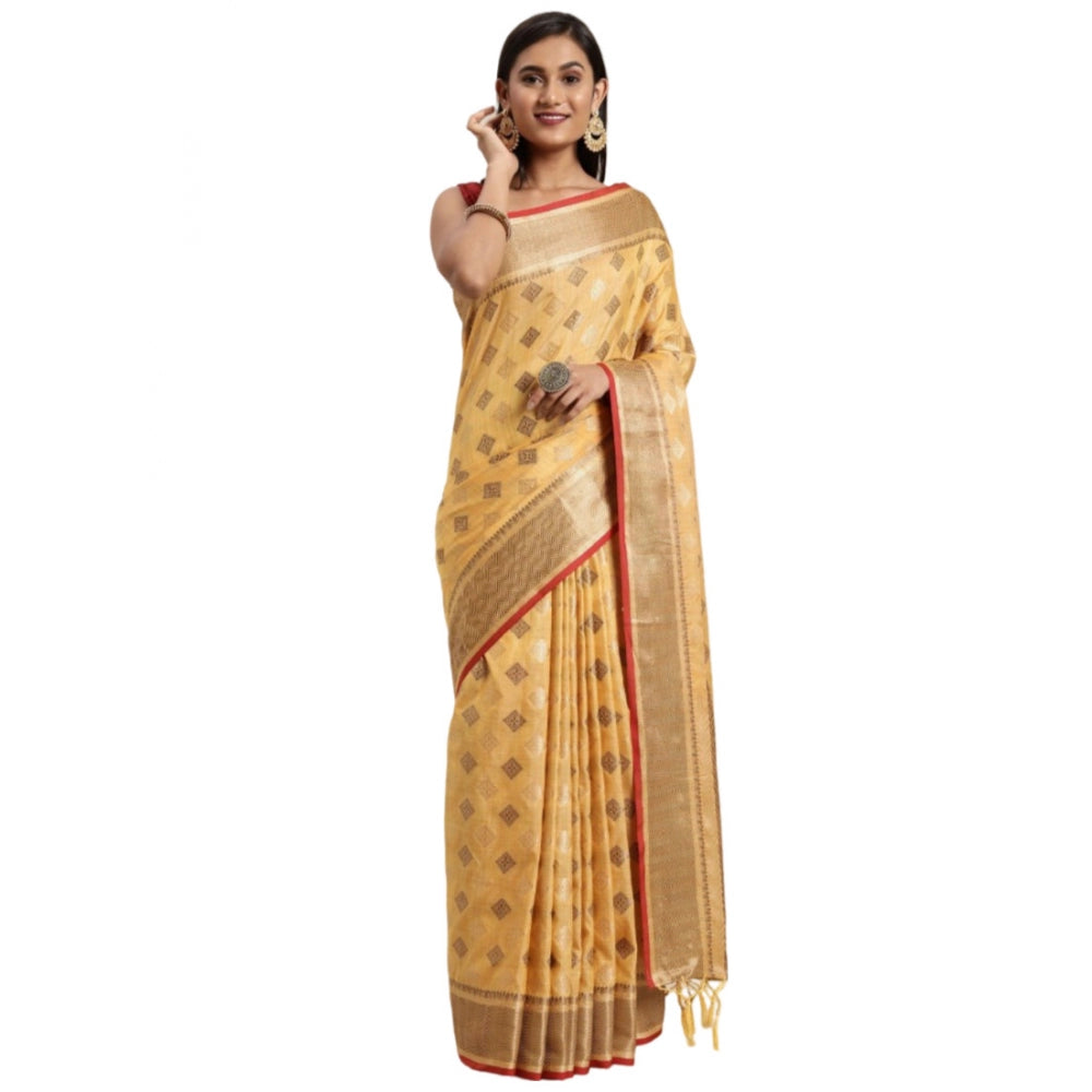 Generic Women's Chanderi Cotton Printed Saree With Unstitched Blouse (Yellow, 5-6 Mtrs) - Noble Nook