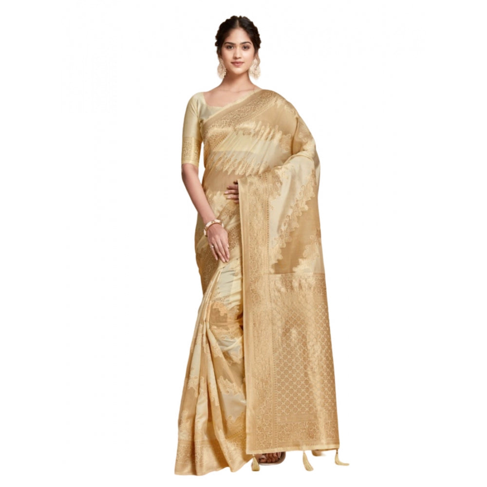 Generic Women's Linen Printed Saree With Unstitched Blouse (Beige, 5-6 Mtrs) - Noble Nook