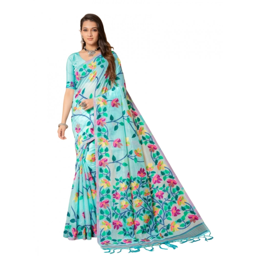 Generic Women's Cotton Printed Saree With Unstitched Blouse (Sky Blue, 5-6 Mtrs) - Noble Nook