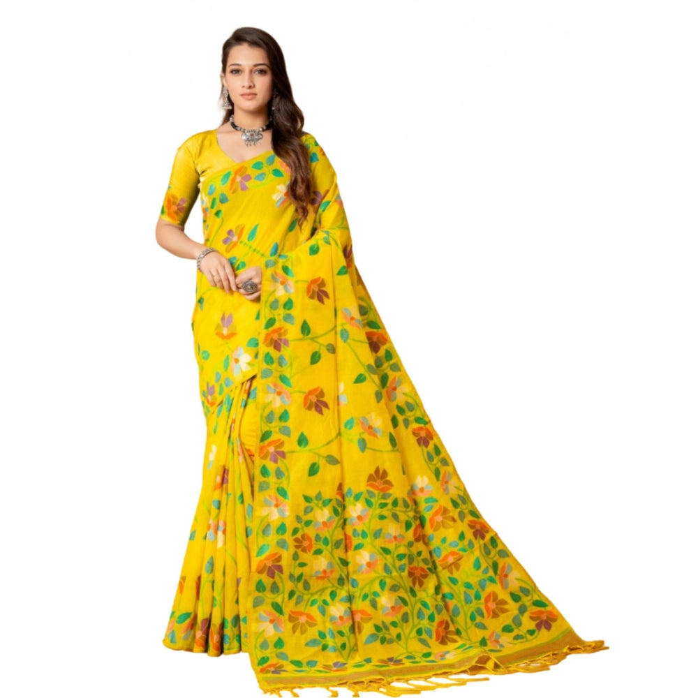 Generic Women's Cotton Printed Saree With Unstitched Blouse (Yellow, 5-6 Mtrs) - Noble Nook