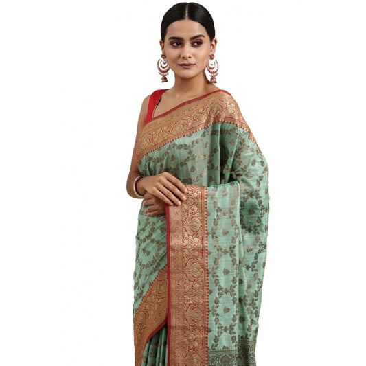 Generic Women's Chanderi Cotton Printed Saree With Unstitched Blouse (Sku Blue, 5-6 Mtrs) - Noble Nook