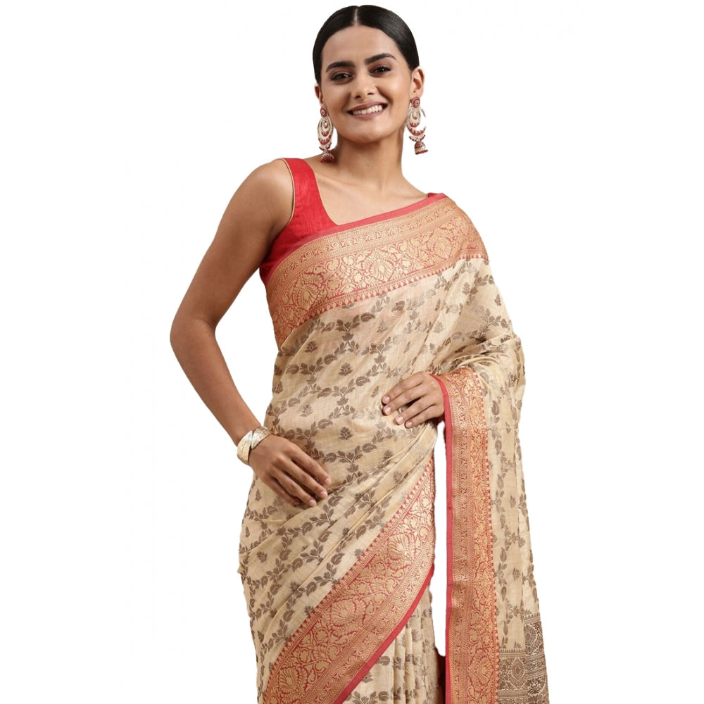 Generic Women's Chanderi Cotton Printed Saree With Unstitched Blouse (Beige, 5-6 Mtrs) - Noble Nook