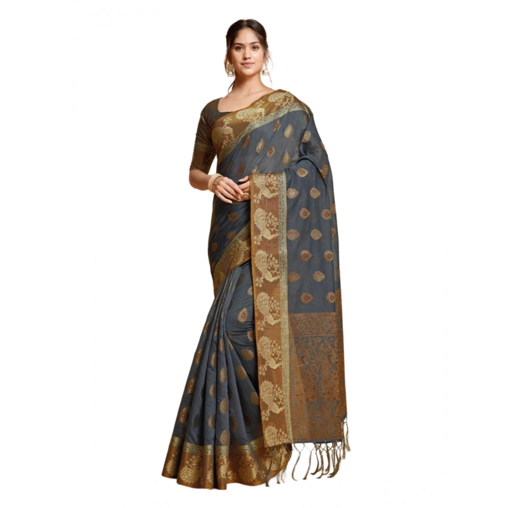 Generic Women's Organza Printed Saree With Unstitched Blouse (Grey, 5-6 Mtrs) - Noble Nook